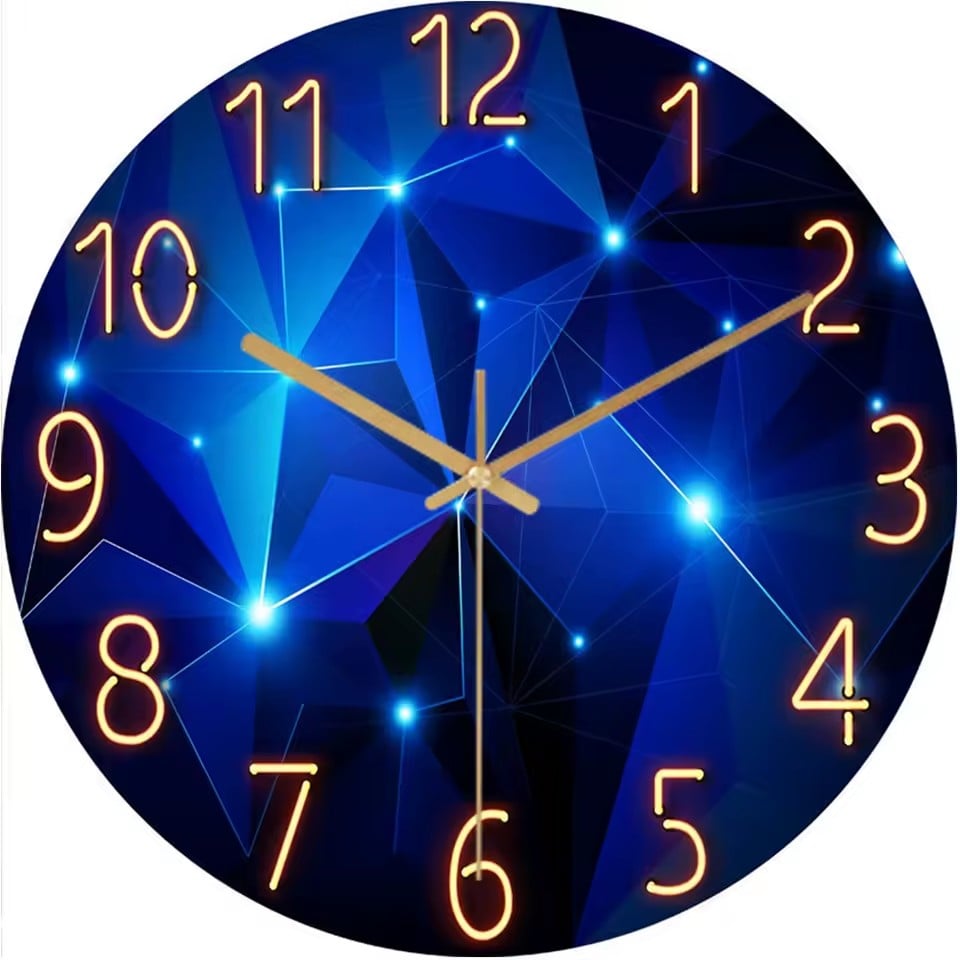 3325 - Futuristic blue geometric wall clock with LED-style network pattern and neon numbers - modern tech decor | Boto Clock wholesale manufacturer
