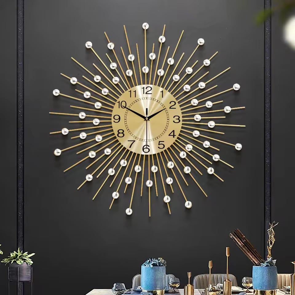 3671 Photo Frame - Glamorous sunburst wall clock with radiating gold spikes and crystal spheres - luxury art deco style | Boto Clock wholesale manufacturer