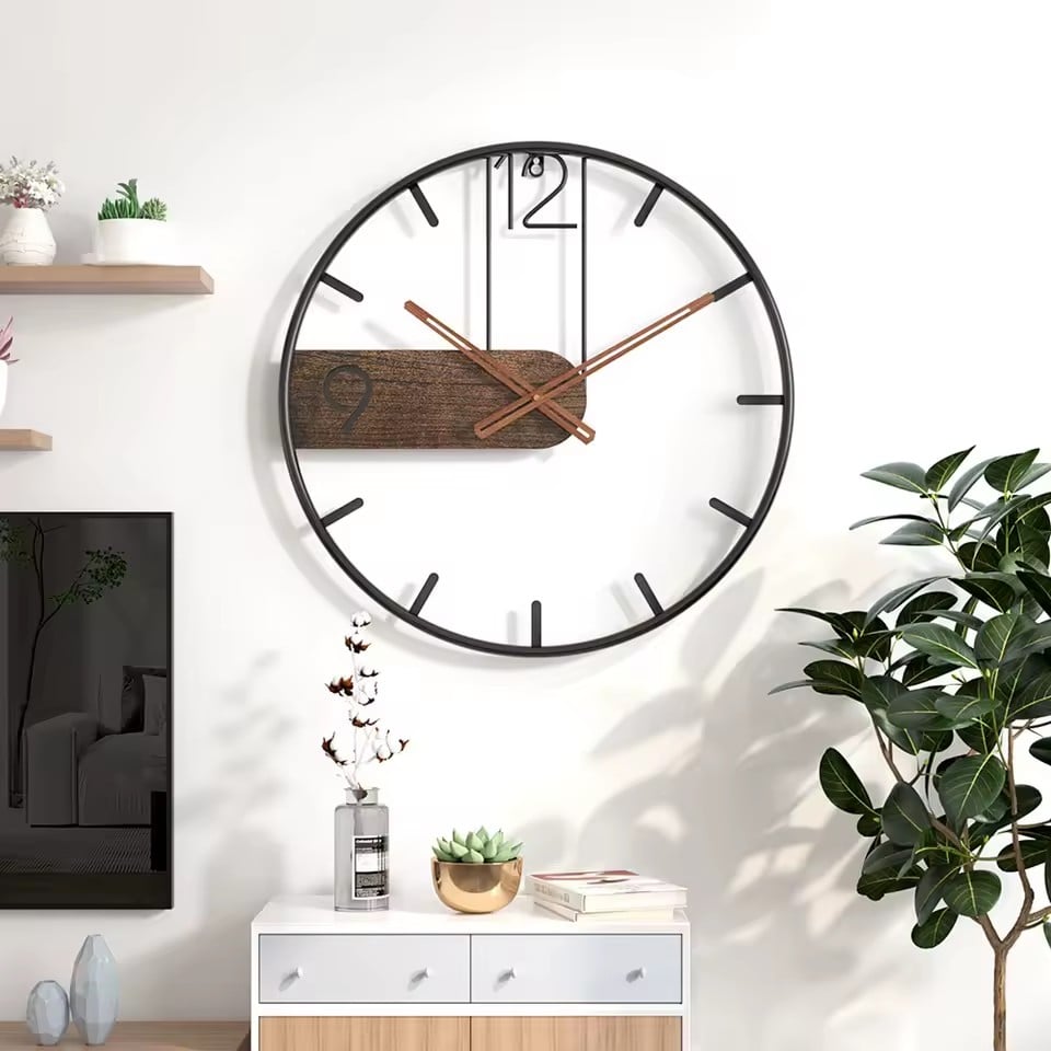 5134 - Industrial style metal clock with black frame and warm wood accent - vintage loft decoration | Boto Clock wholesale manufacturer