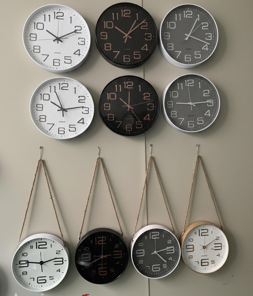 Classic Series Collection - Minimalist round wall clock collection in white, black and gray - clean numeric design with rope hanging. Wholesale clock manufacturer offering low MOQ and competitive pricing for distributors. | Boto Clock wholesale manufacturer