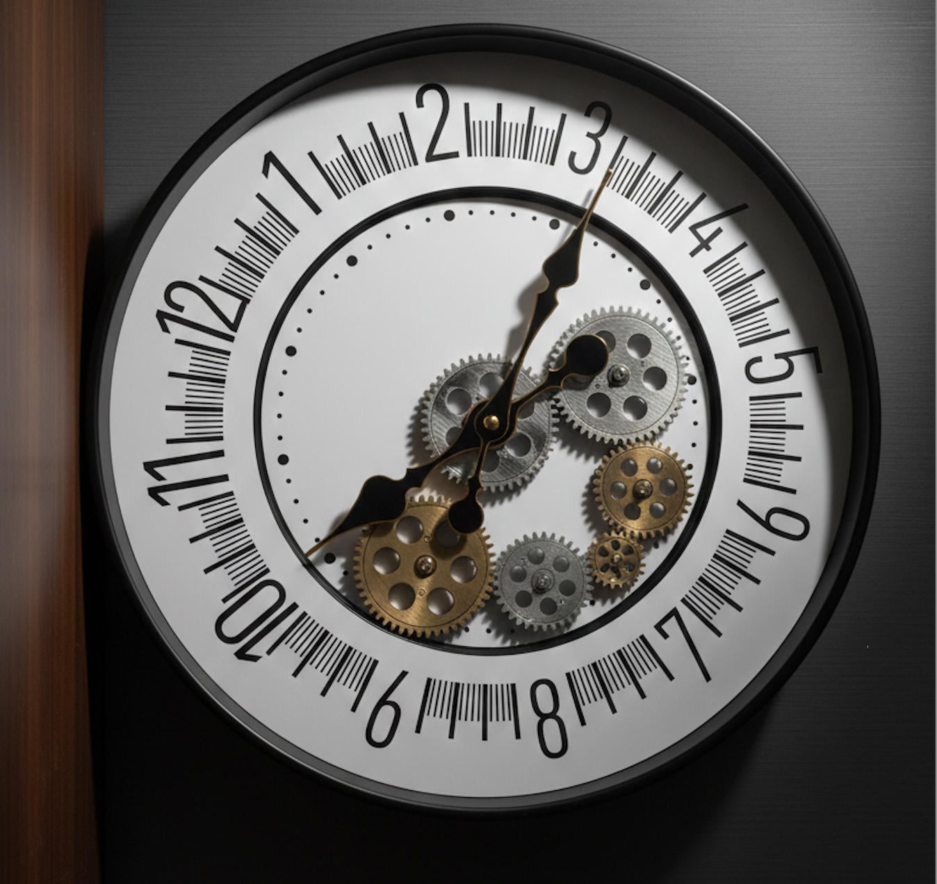 Gear Motion 5285 Mechanical - Modern mechanical gear wall clock with white dial and visible gold/silver moving gears - contemporary industrial style. Wholesale clock manufacturer offering bulk orders with custom options. | Boto Clock wholesale manufacturer